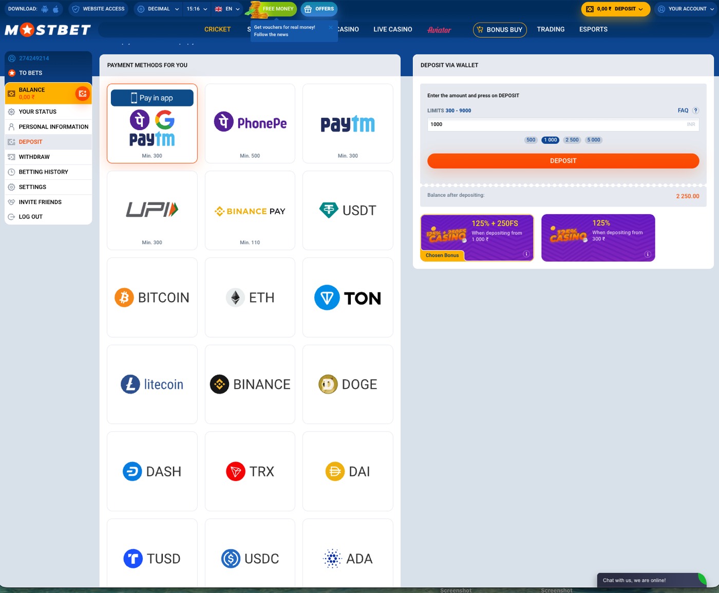 Mostbet deposit page showing payment method categories