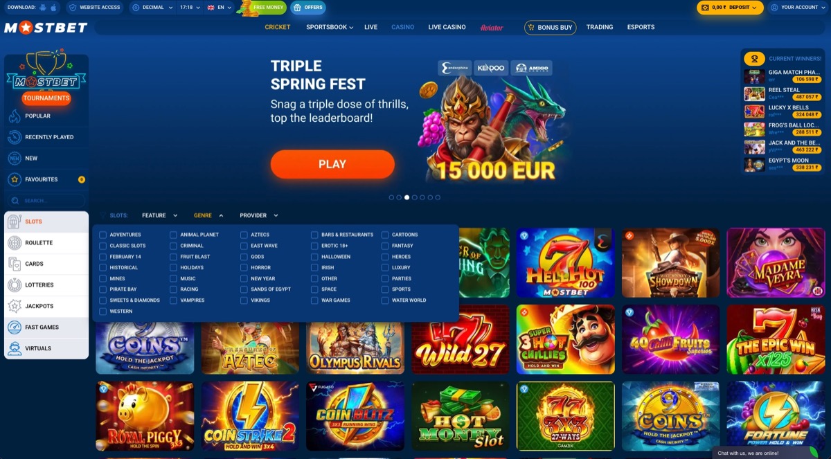 Mostbet sportsbook and casino homepage with the main lobby and game grid visible