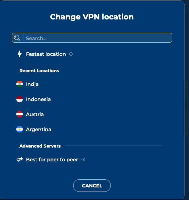 VPN application showing the location picker with India and other recent server choices before reconnecting to Mostbet